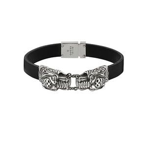 Gucci Silver Double Tiger Lion Head Black Leather Chain Men’s Bracelet $870 Box